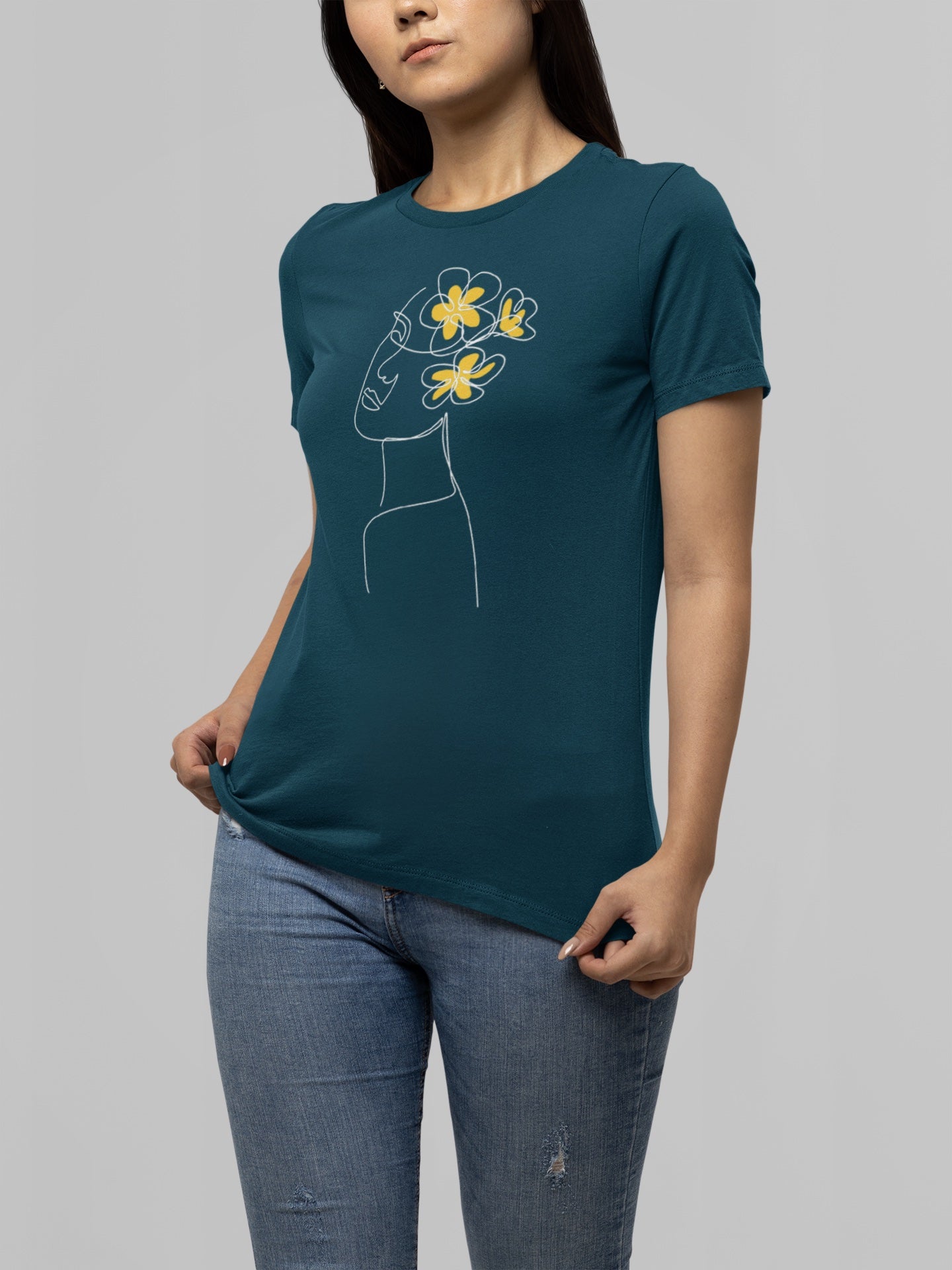 FACE FLORAL PRINTED TSHIRT -PRUSSIAN BLUE